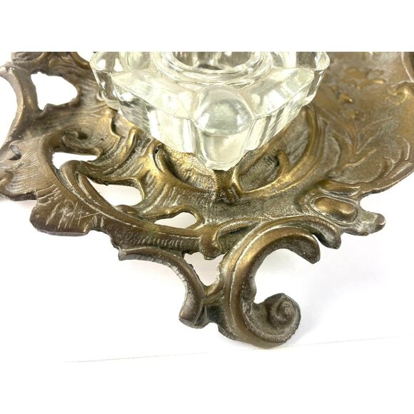 Antique Victorian Brass & Glass Inkwell Holder Desk Accessory With Ornate Design - Picture 7 of 9